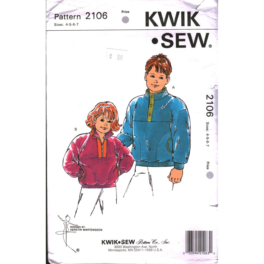 Kwik Sew 2106 Kids Jacket Sewing Pattern Sizes 4-7 Fleece Pullover Snap Zip